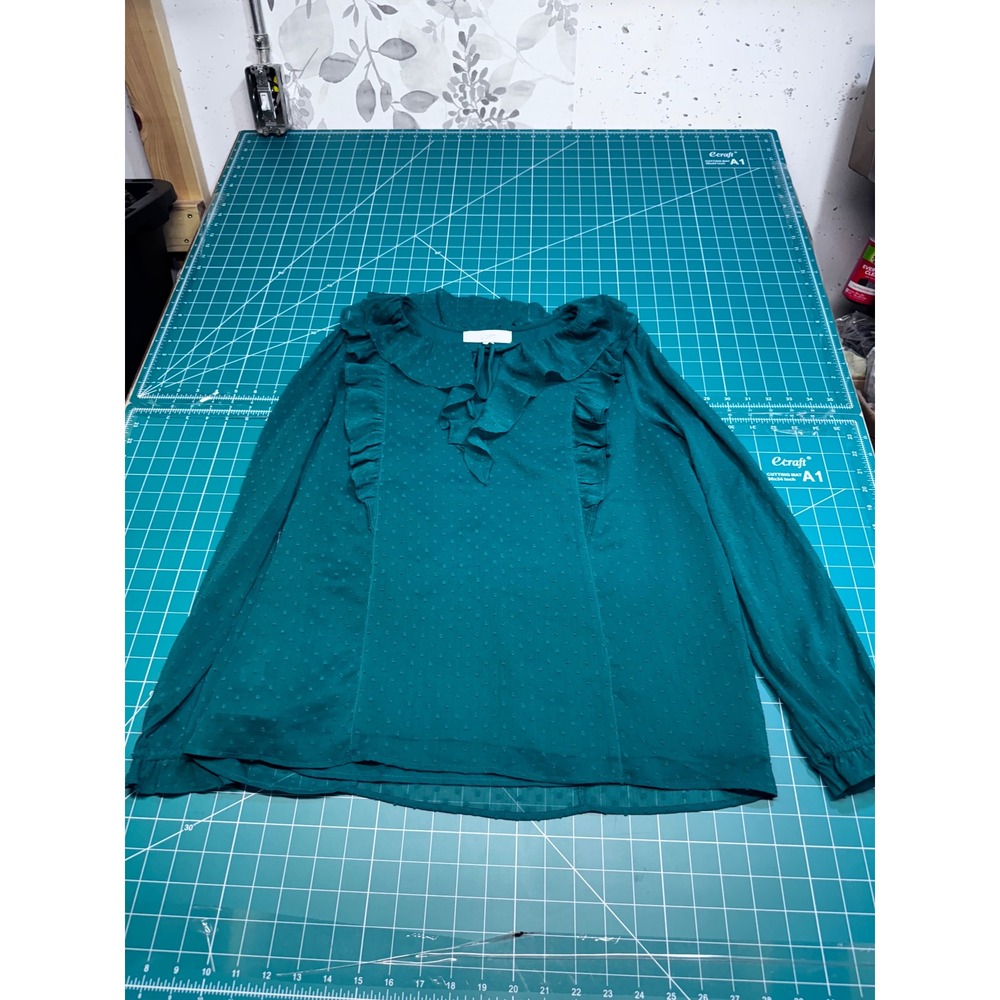 LOFT Womens Teal Green Clip Dot Ruffle Tie Neck Long Sleeve Blouse Size M